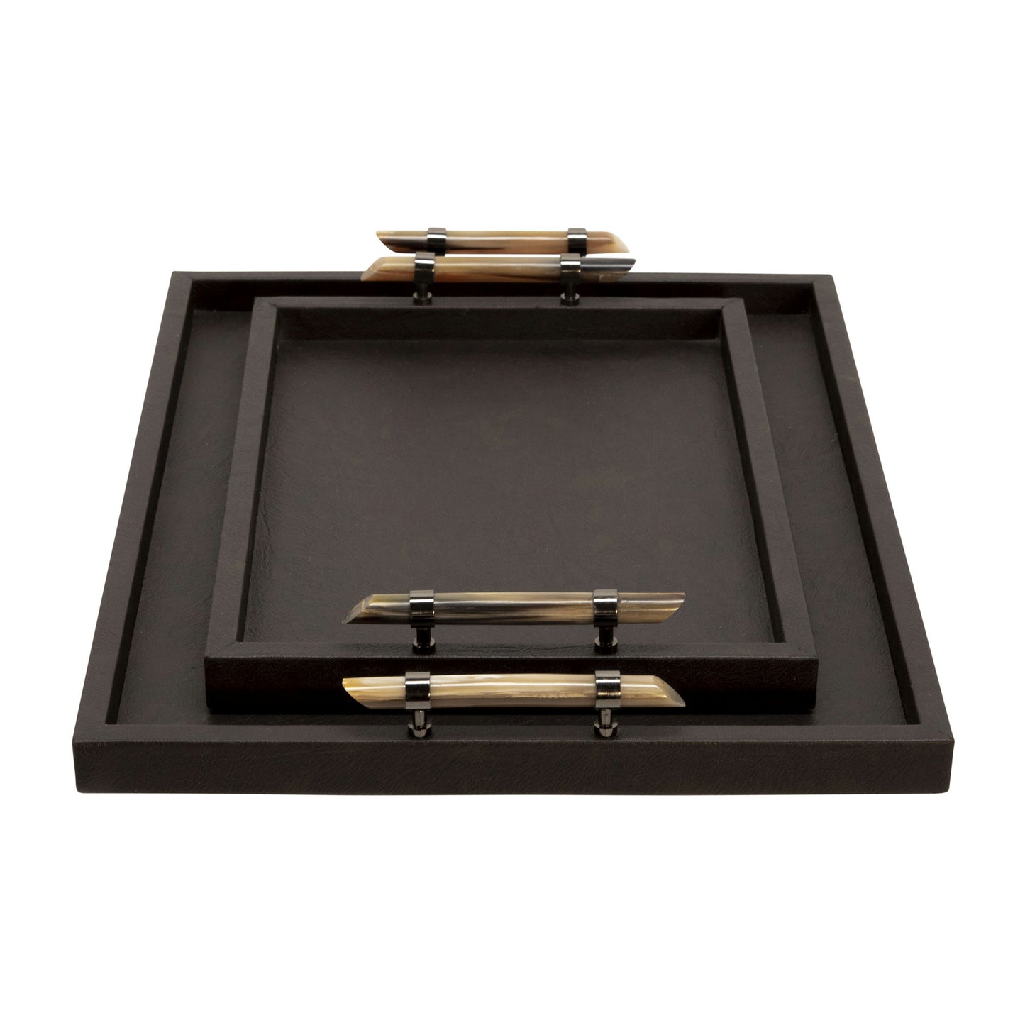 Wood S/2 14/18" Faux Leather Tray, Brown