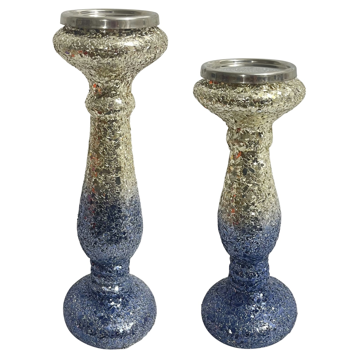 15" Silver Blue, Crackled Candle Holder