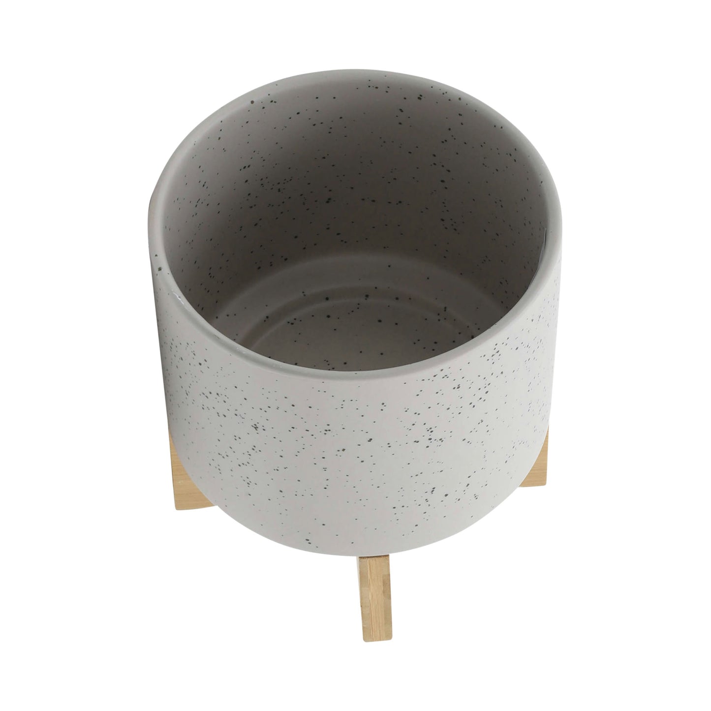 8" Planter W/ Wood Stand, Matte Beige
