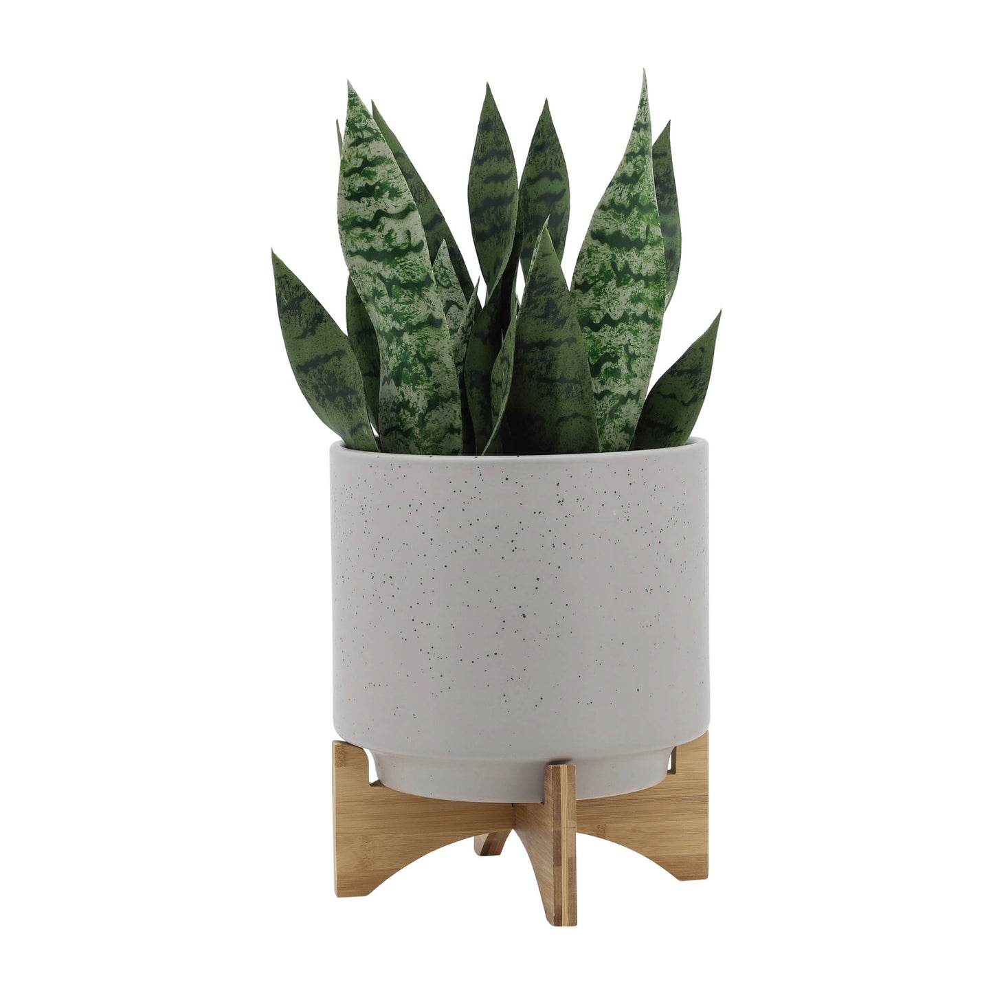 10" Planter W/ Wood Stand, Matte Beige