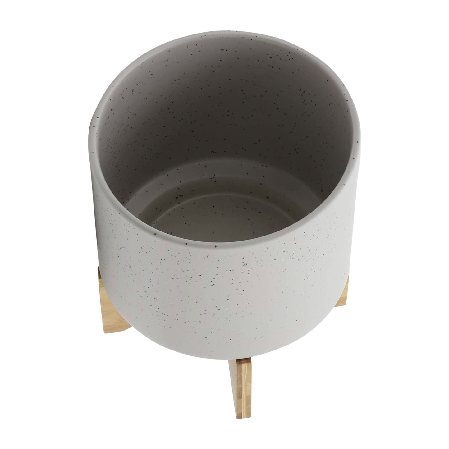 10" Planter W/ Wood Stand, Matte Beige
