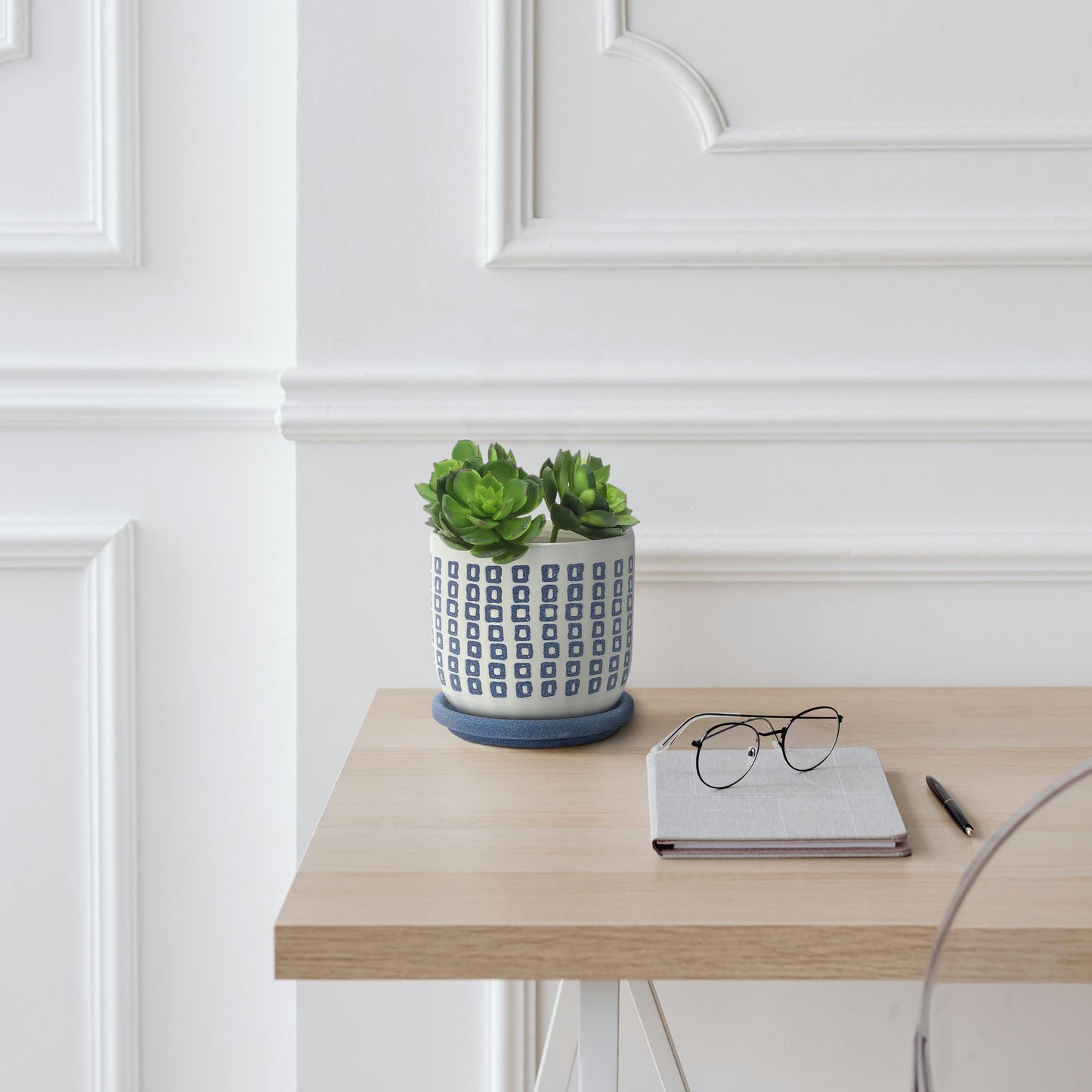 5" Tiny Squares Planter W/ Saucer, Blue