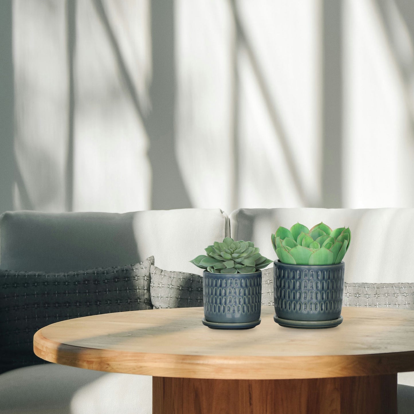 S/2 5/6" Dimpled Planters W/ Saucer, Blue