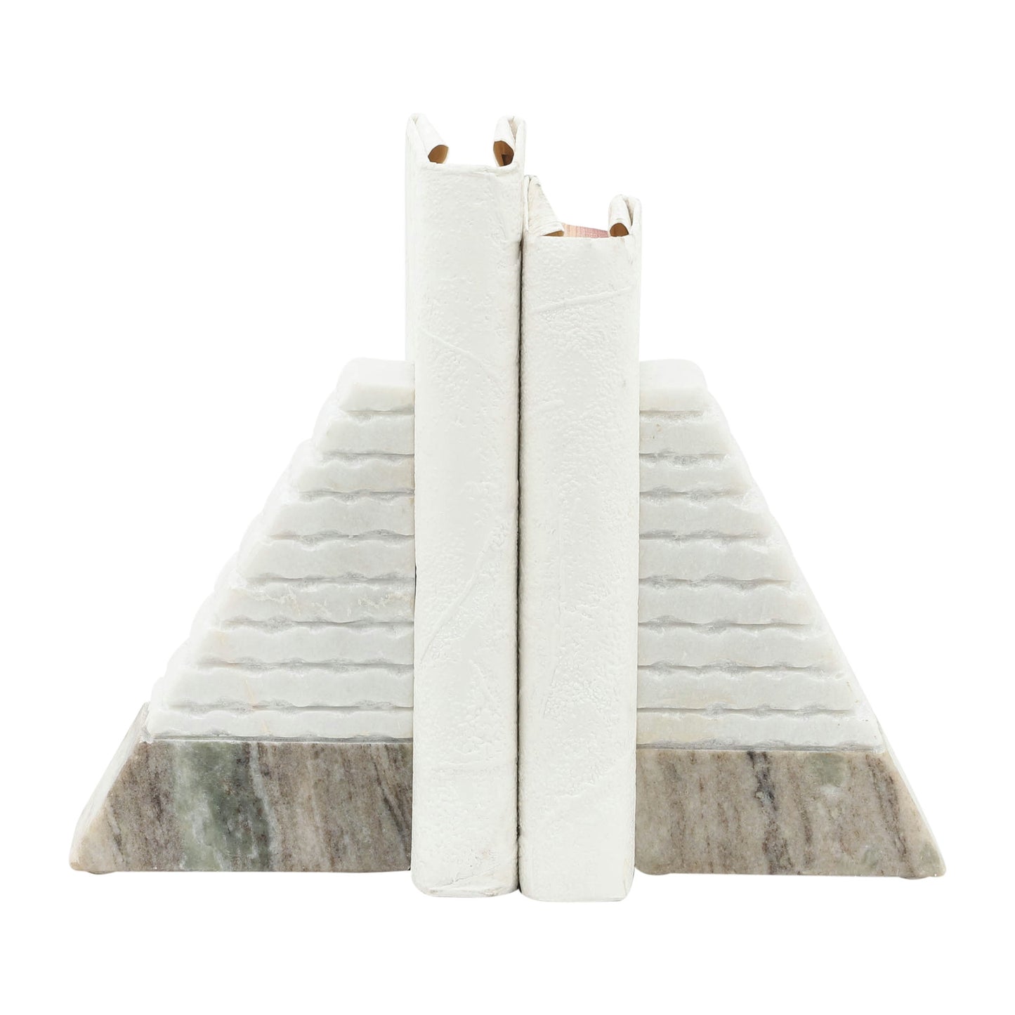 S/2 Marble 6"h Pyramid Bookends, White/onyx