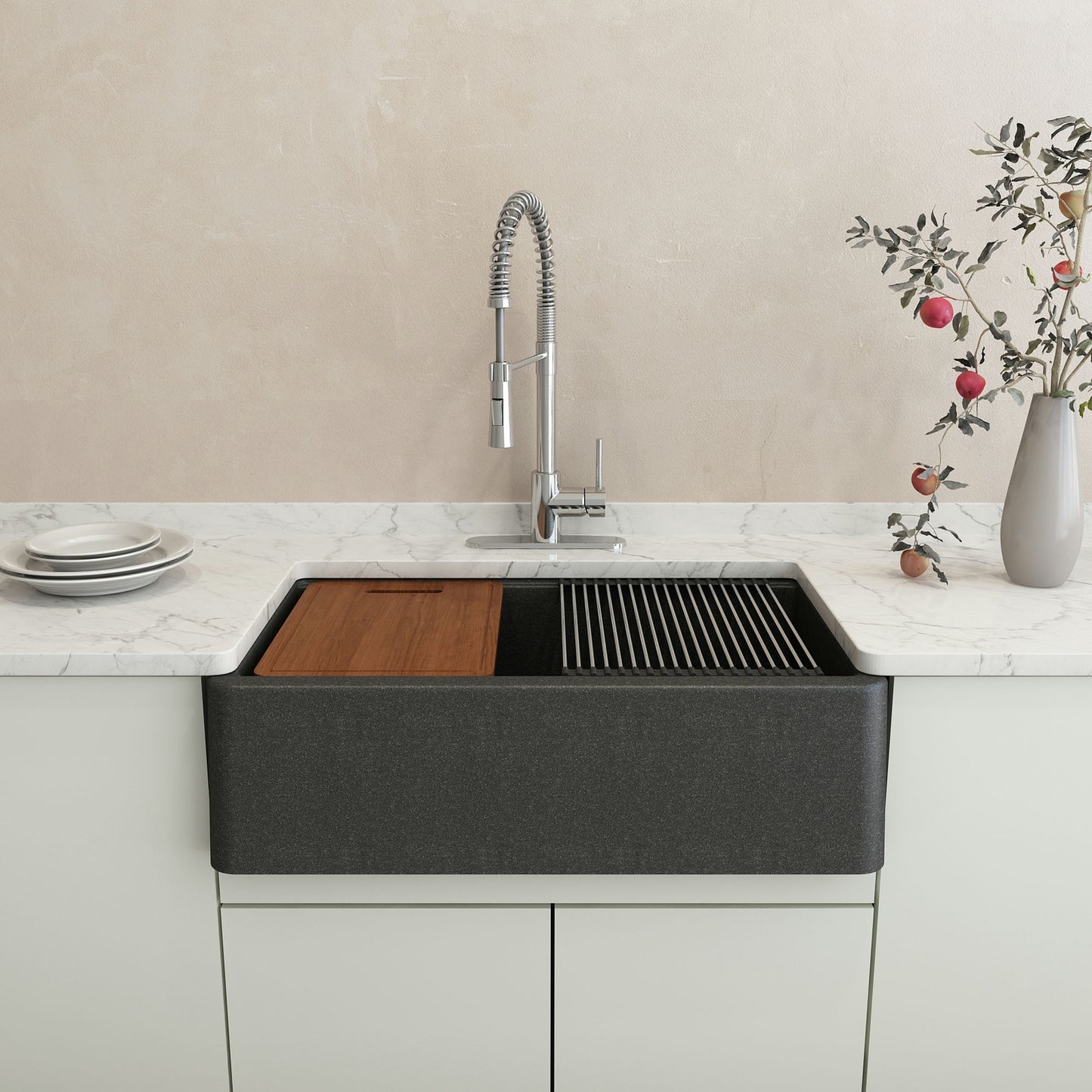 Arona Apron-Front 33" Single Bowl Granite Composite Kitchen Sink Metallic Black