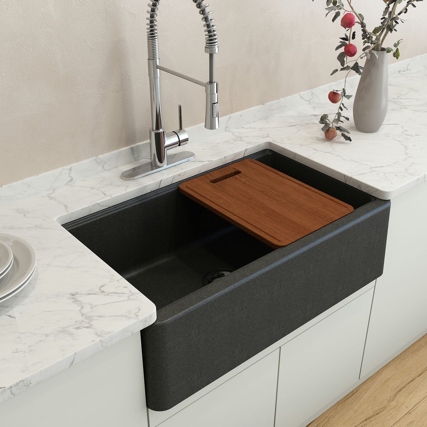 Arona Apron-Front 33" Single Bowl Granite Composite Kitchen Sink Metallic Black