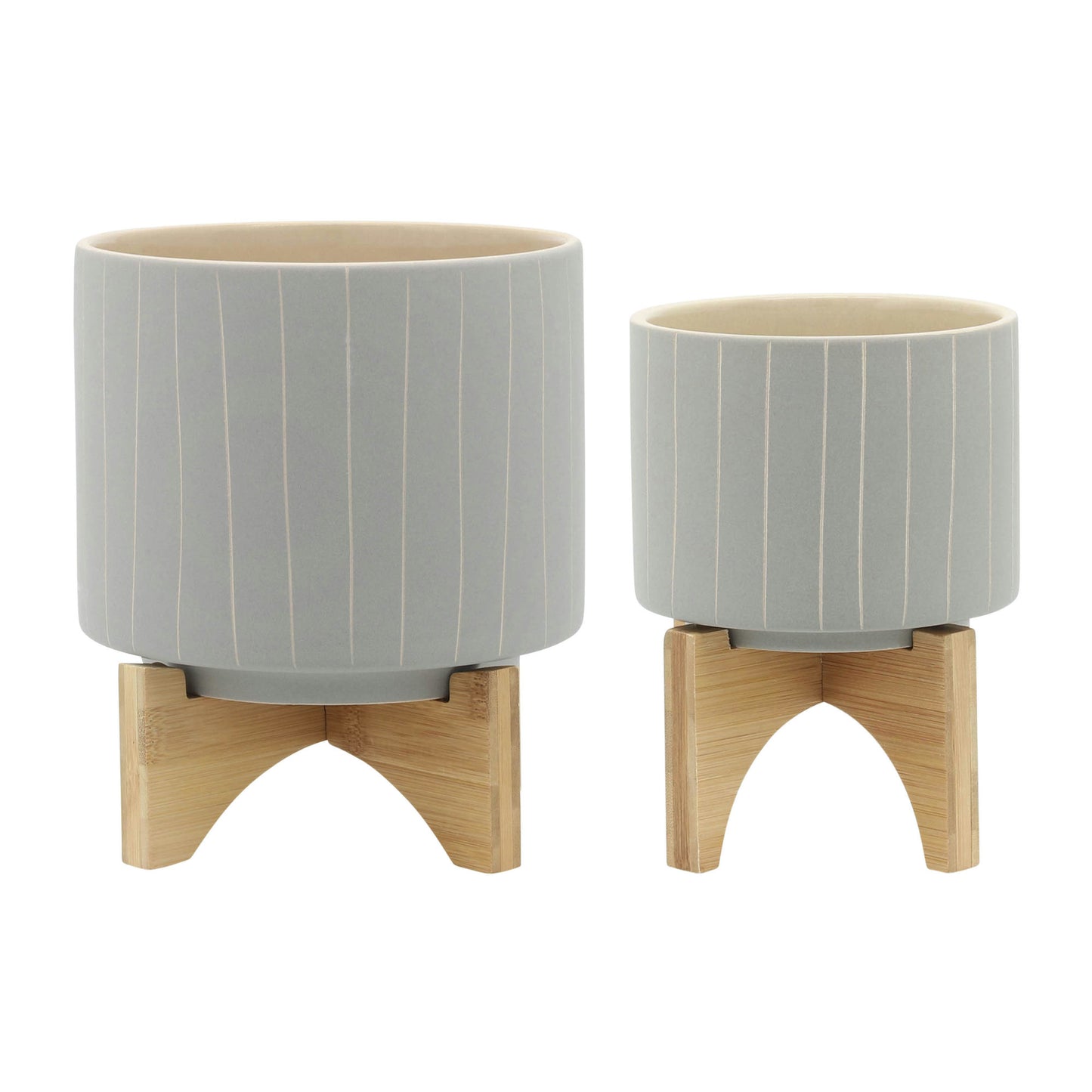 Cer, S/2 5/8" Stripes Planter W/ Stand, Tan