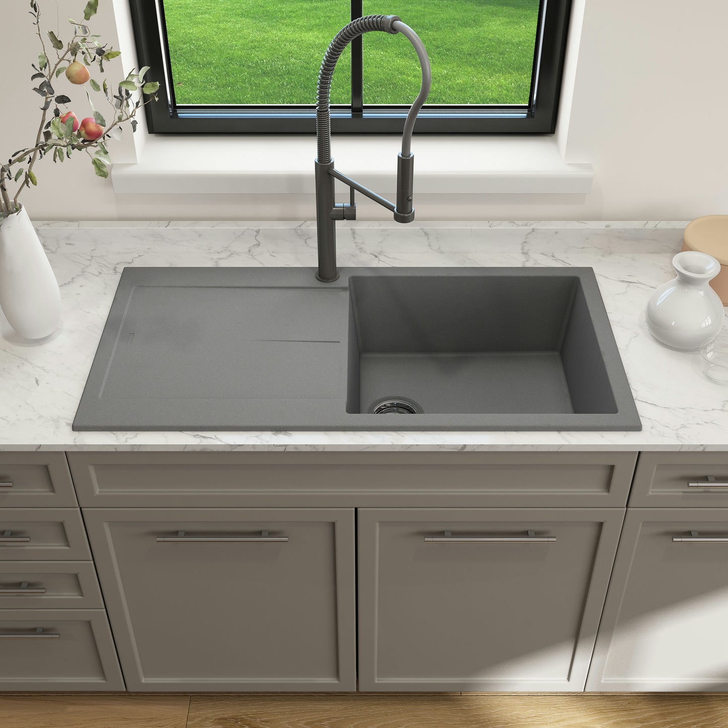 Dual-Mount 20 in. Single Bowl Granite Composite Kitchen Sink with Drain Board