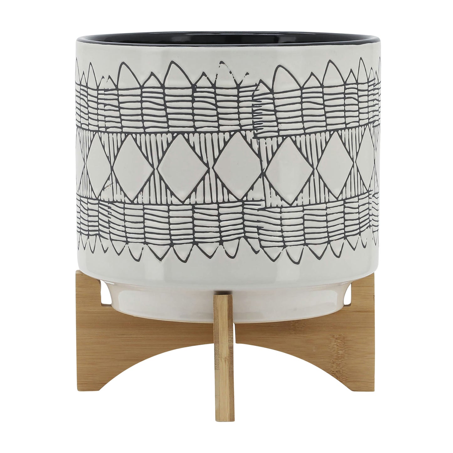 Ceramic 10" Aztec Planter On Wooden Stand, White & Gray
