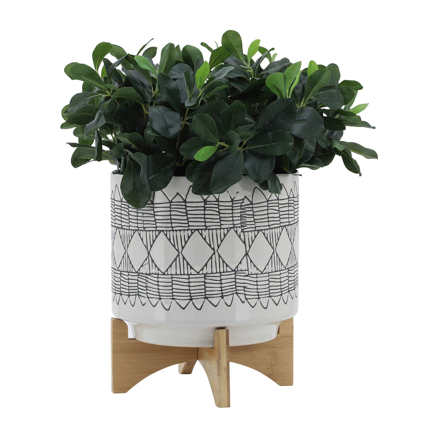 Ceramic 10" Aztec Planter On Wooden Stand, White & Gray