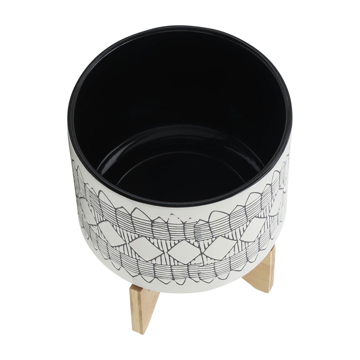 Ceramic 10" Aztec Planter On Wooden Stand, White & Gray