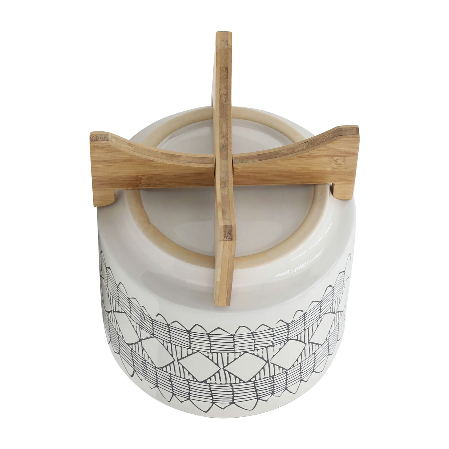 Ceramic 10" Aztec Planter On Wooden Stand, White & Gray