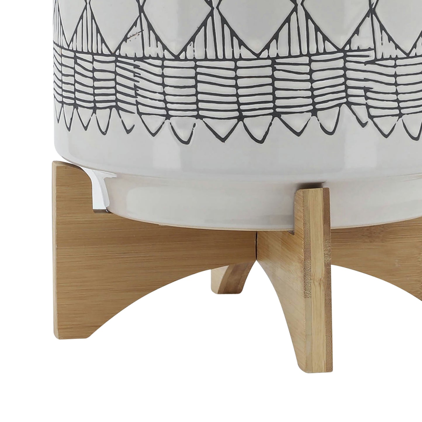 Ceramic 10" Aztec Planter On Wooden Stand, White & Gray