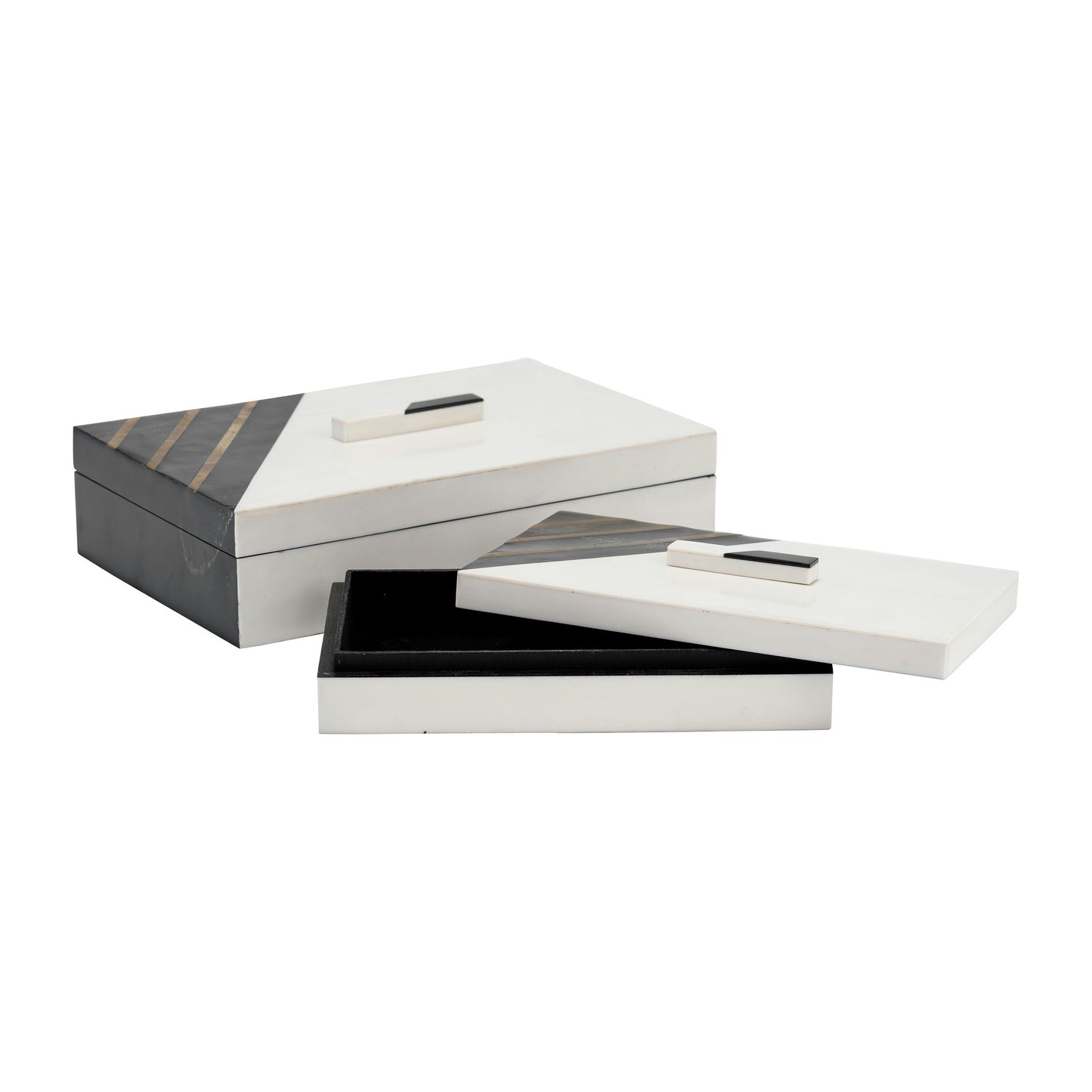 Resin, S/2 10/12" Striped Boxes W/ Knob, Black/whi