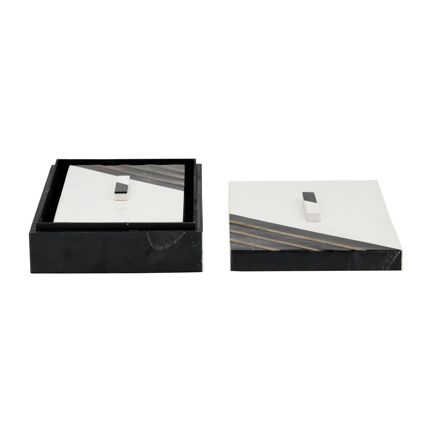 Resin, S/2 10/12" Striped Boxes W/ Knob, Black/whi