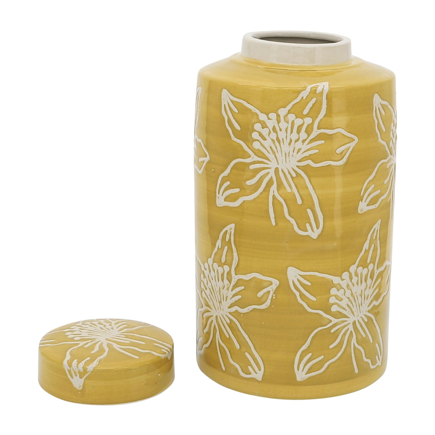 Cer, 10"h Flower Jar W/ Lid, Yellow