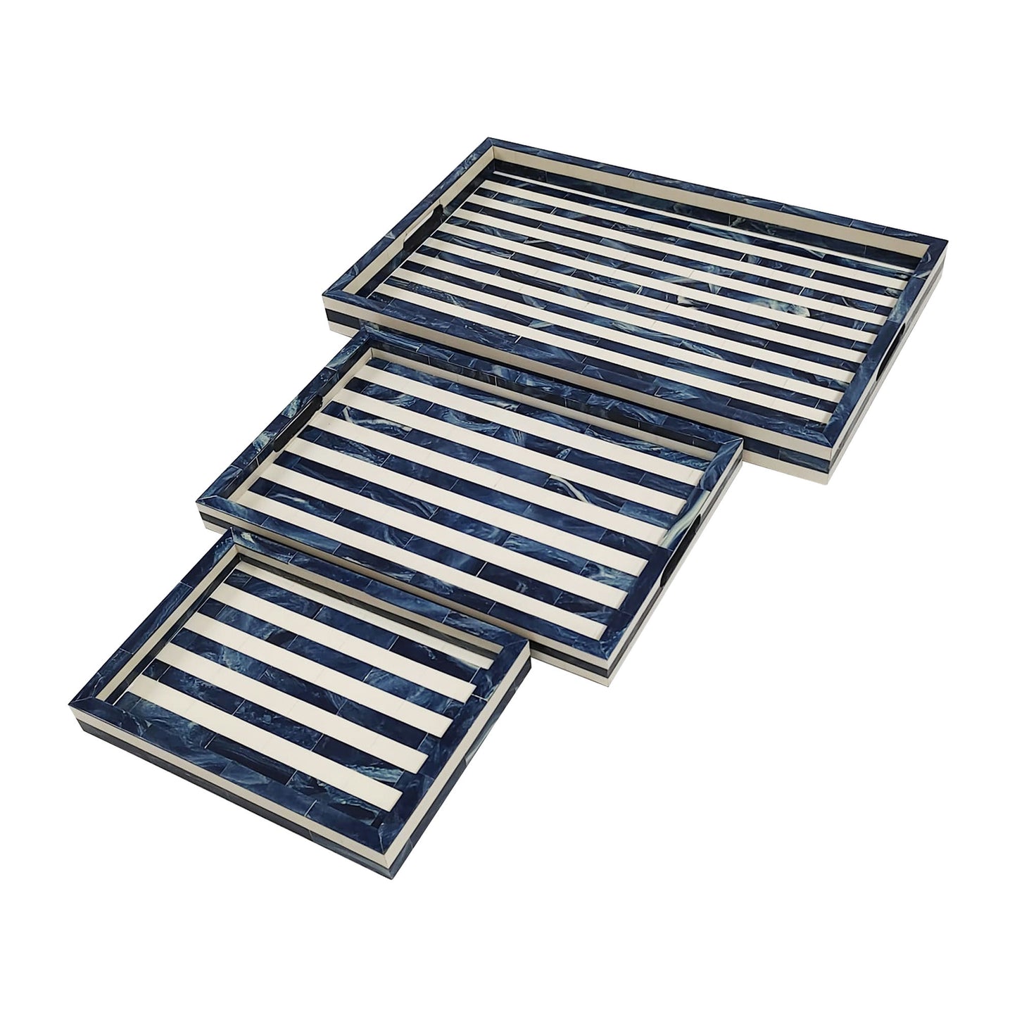 Resin, S/3 13/18/24" Striped Trays, Blue/white