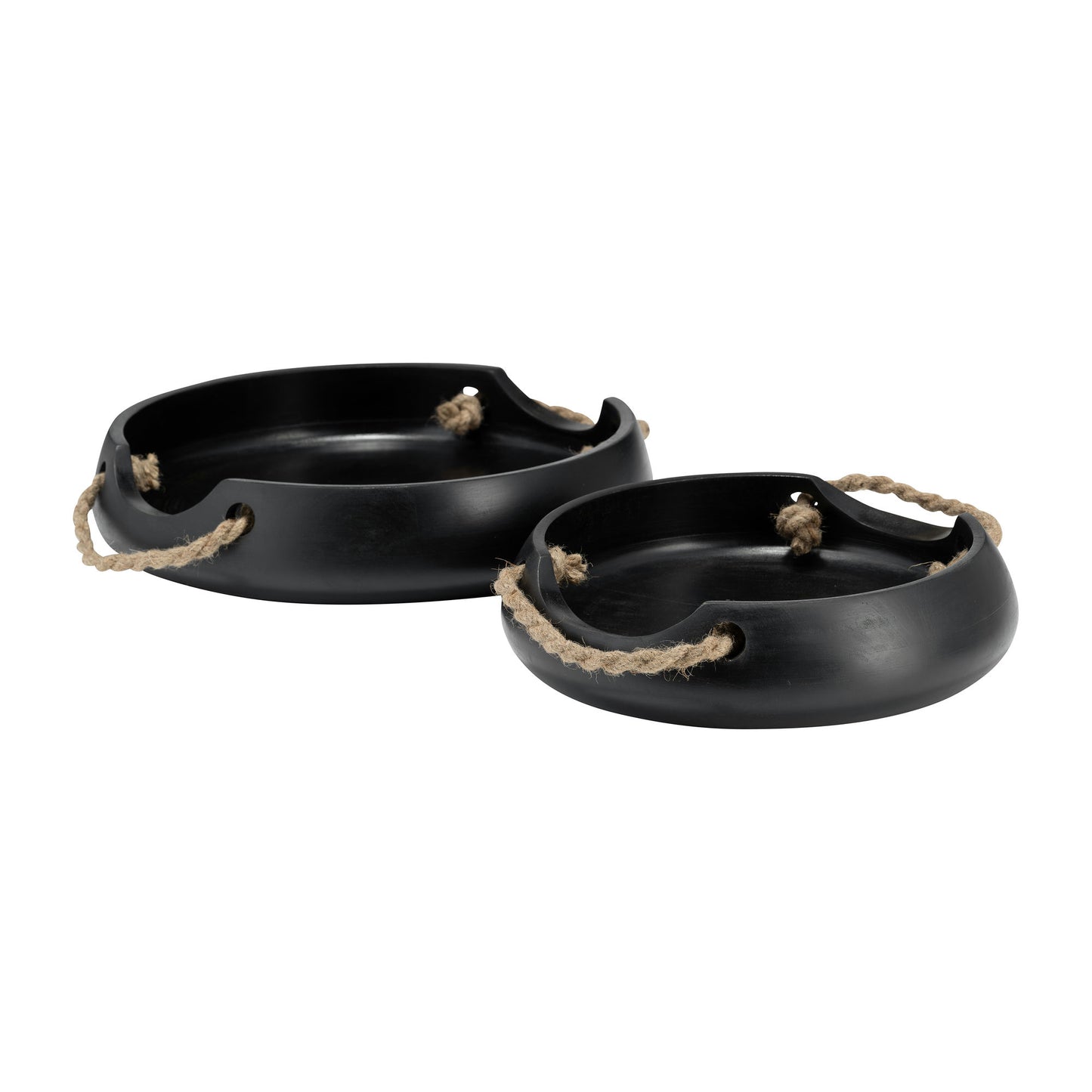 Wood, S/2 12/15" Round Trays W/ Rope Handles, Blac