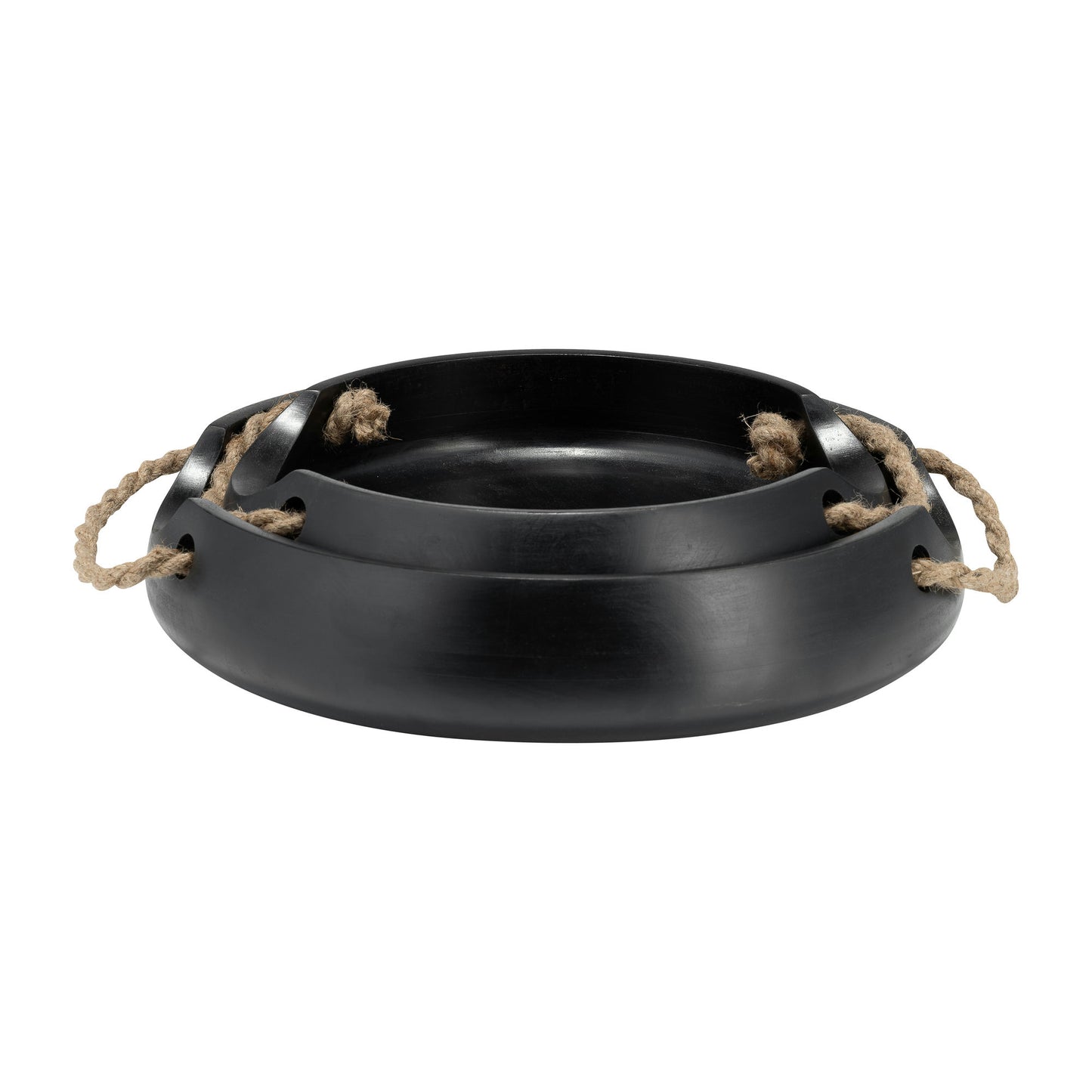 Wood, S/2 12/15" Round Trays W/ Rope Handles, Blac