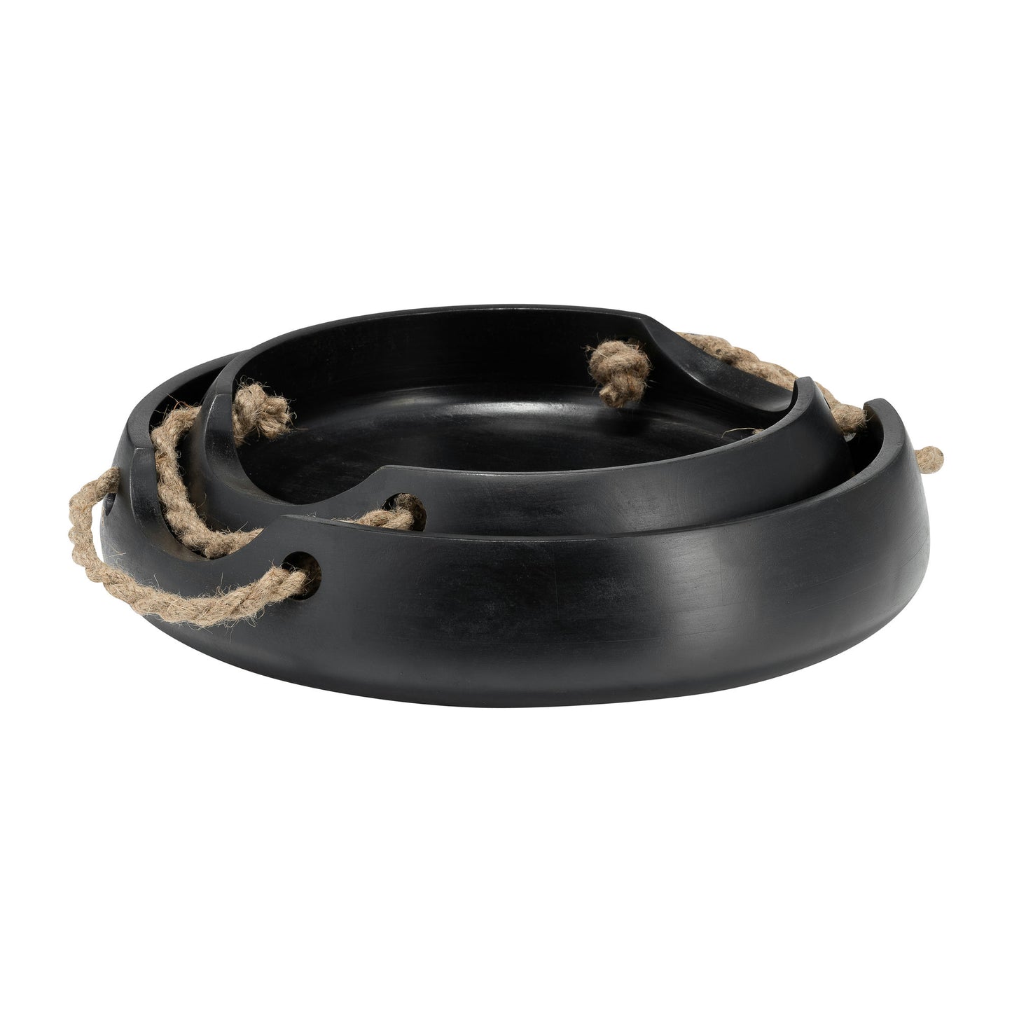 Wood, S/2 12/15" Round Trays W/ Rope Handles, Blac