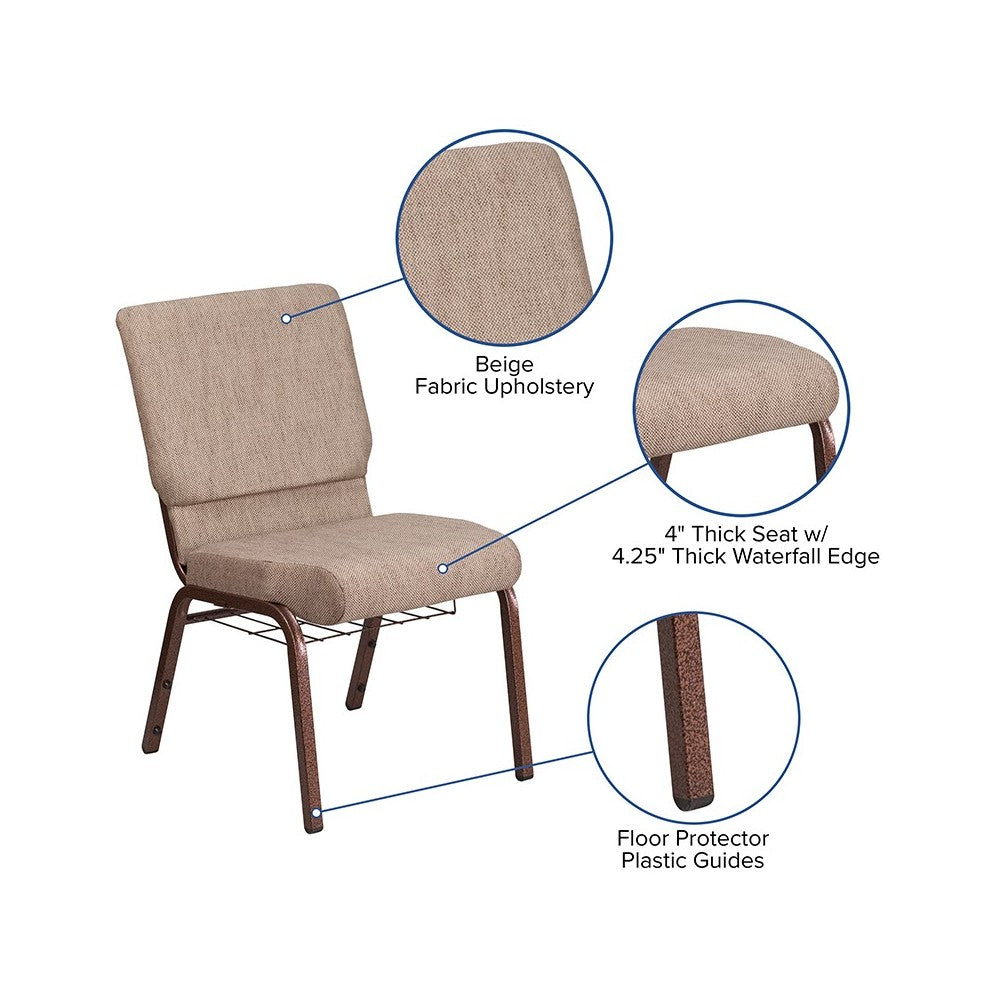 18.5''W Church Chair in Beige Fabric with Book Rack - Copper Vein Frame