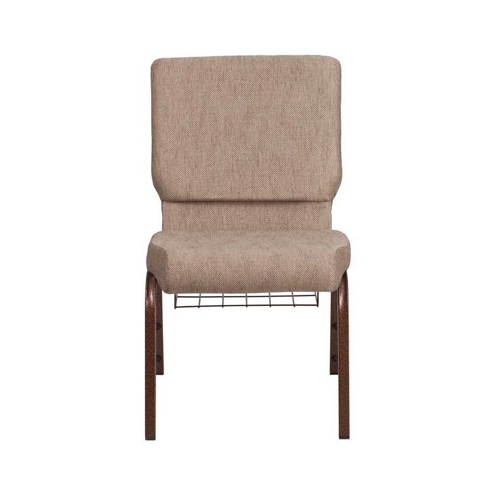 18.5''W Church Chair in Beige Fabric with Book Rack - Copper Vein Frame
