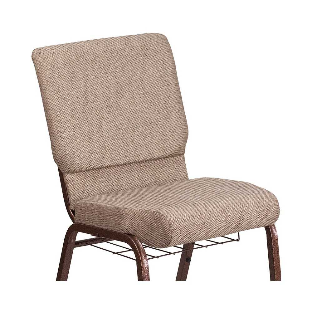 18.5''W Church Chair in Beige Fabric with Book Rack - Copper Vein Frame