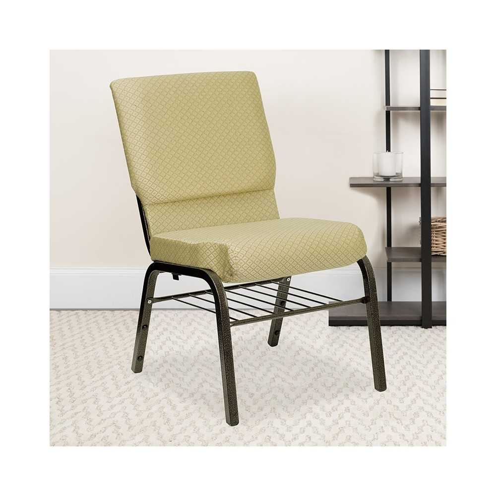 18.5''W Church Chair in Beige Patterned Fabric with Book Rack - Gold Vein Frame