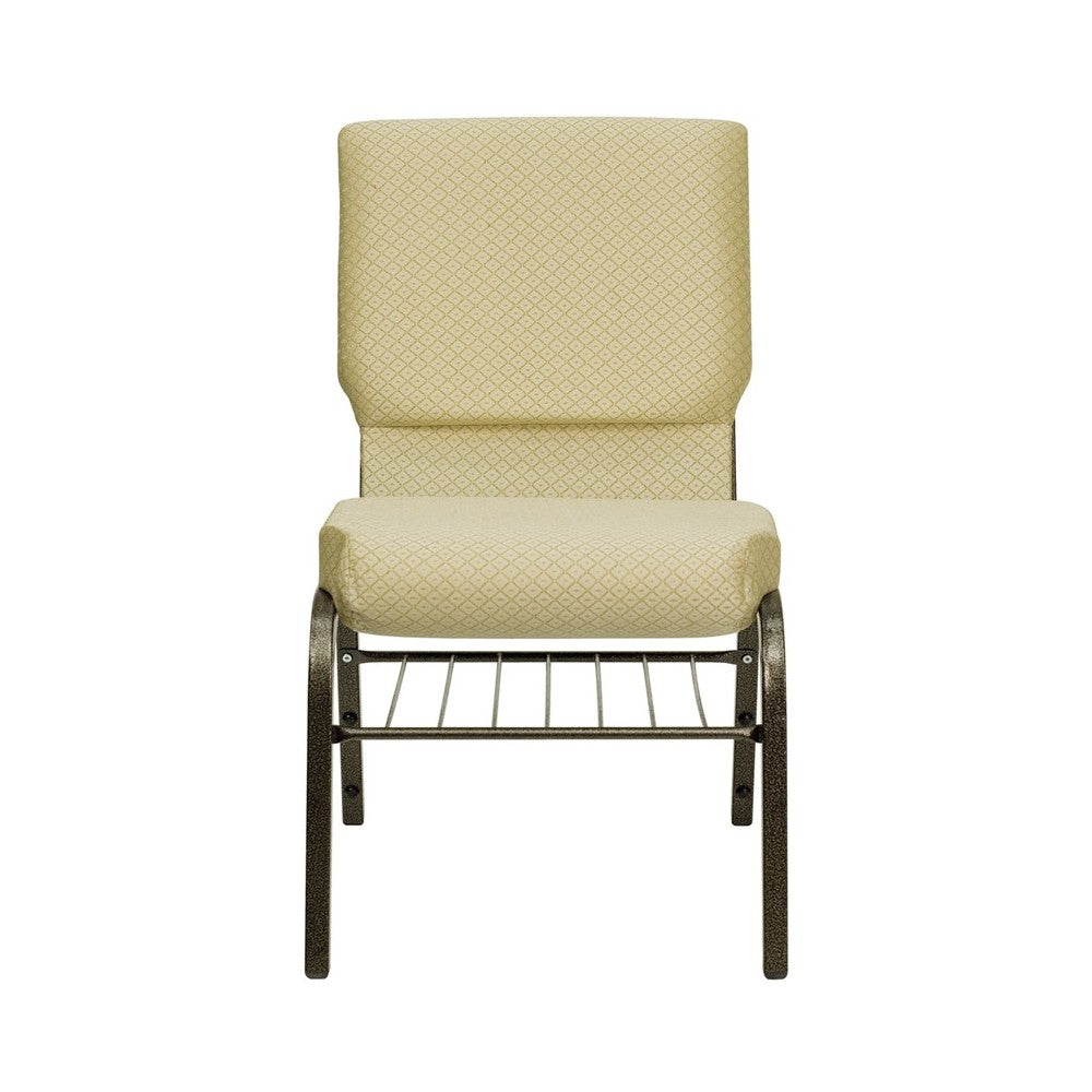 18.5''W Church Chair in Beige Patterned Fabric with Book Rack - Gold Vein Frame
