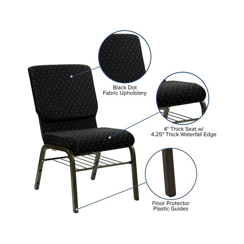 18.5''W Church Chair in Black Dot Patterned Fabric with Book Rack - Gold Vein Frame