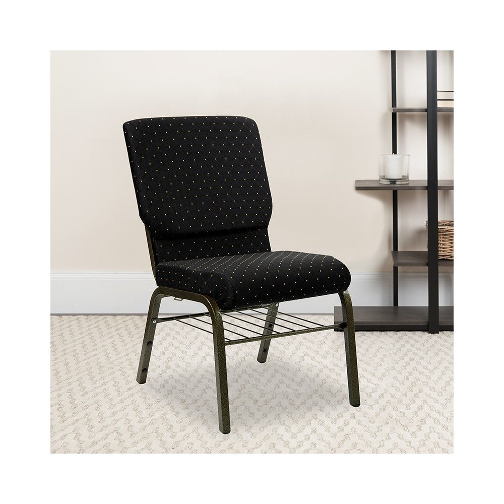 18.5''W Church Chair in Black Dot Patterned Fabric with Book Rack - Gold Vein Frame