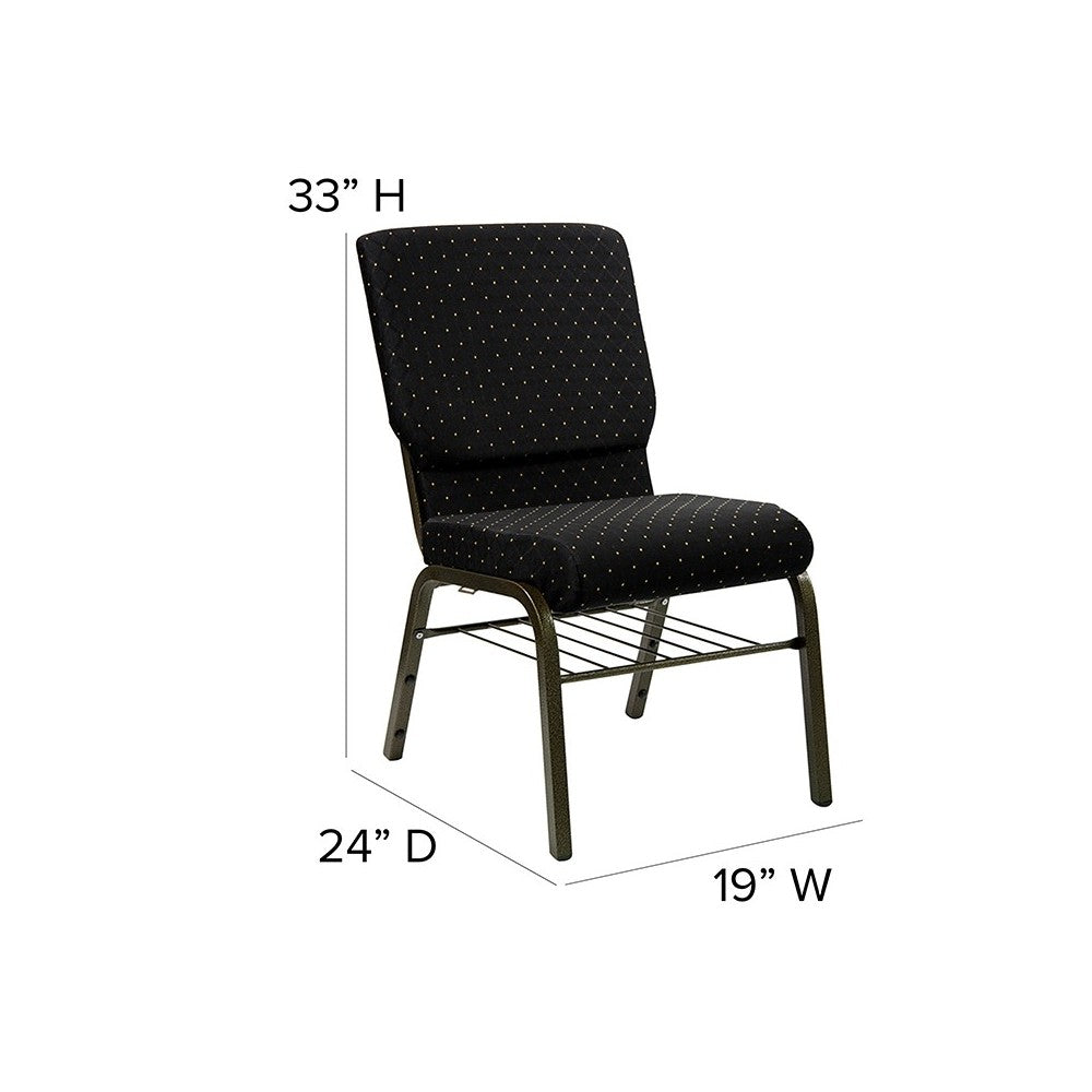 18.5''W Church Chair in Black Dot Patterned Fabric with Book Rack - Gold Vein Frame