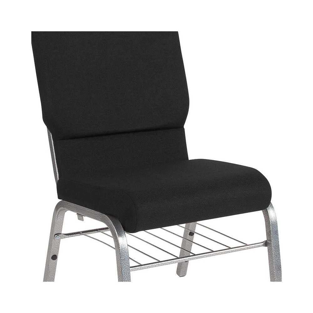 18.5''W Church Chair in Black Fabric with Book Rack - Silver Vein Frame