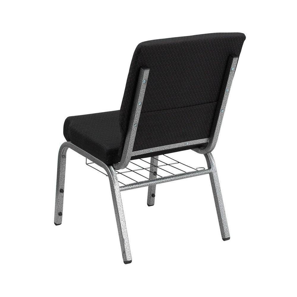 18.5''W Church Chair in Black Patterned Fabric with Cup Book Rack - Silver Vein Frame