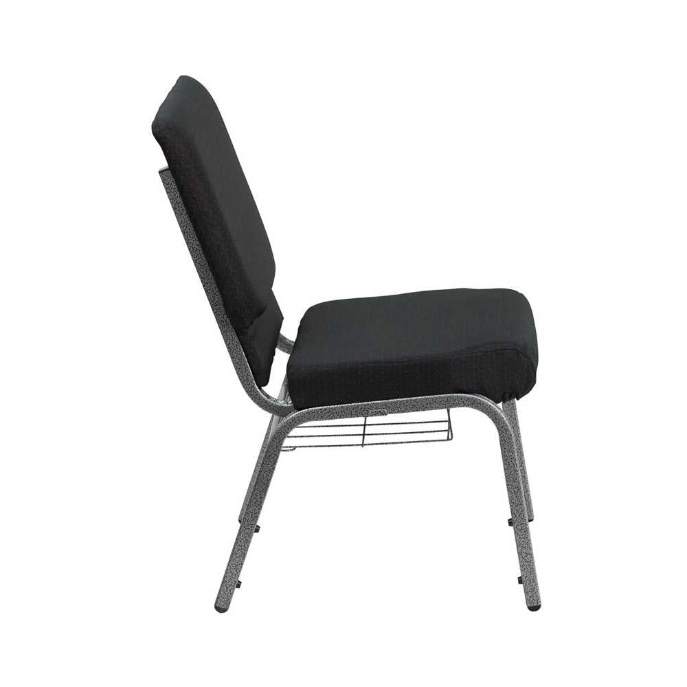 18.5''W Church Chair in Black Patterned Fabric with Cup Book Rack - Silver Vein Frame
