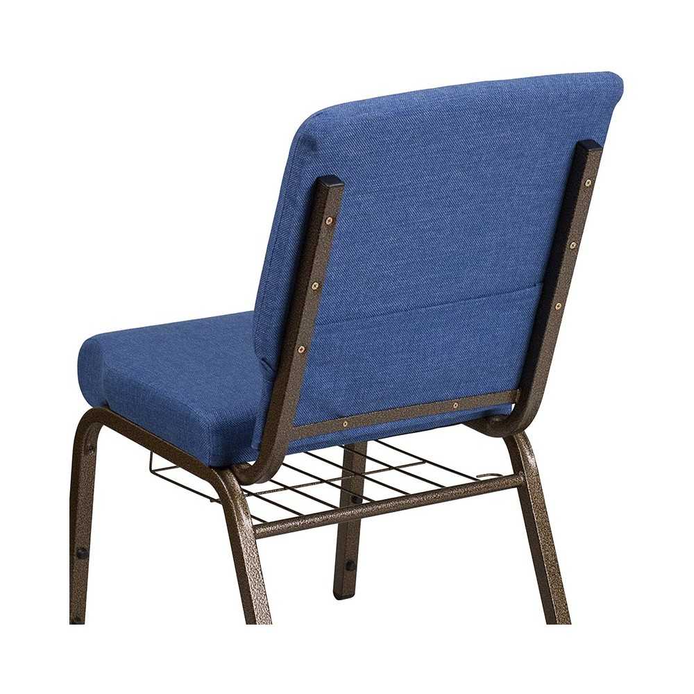 18.5''W Church Chair in Blue Fabric with Cup Book Rack - Gold Vein Frame