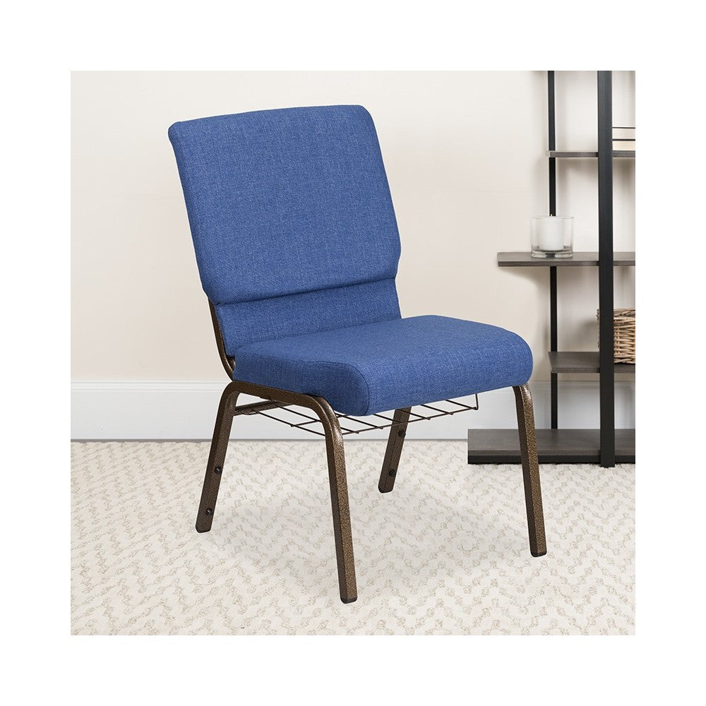 18.5''W Church Chair in Blue Fabric with Cup Book Rack - Gold Vein Frame
