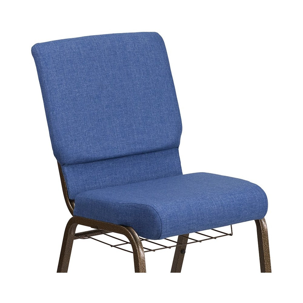 18.5''W Church Chair in Blue Fabric with Cup Book Rack - Gold Vein Frame