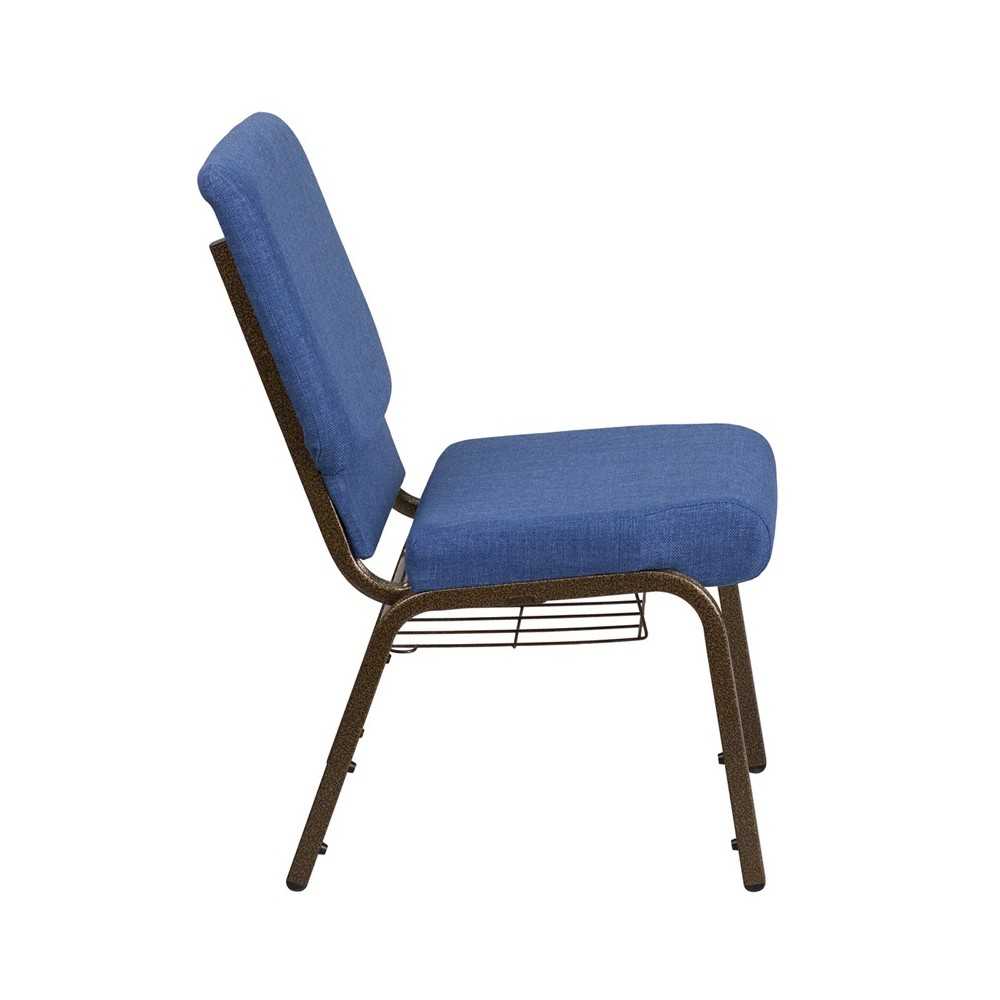 18.5''W Church Chair in Blue Fabric with Cup Book Rack - Gold Vein Frame