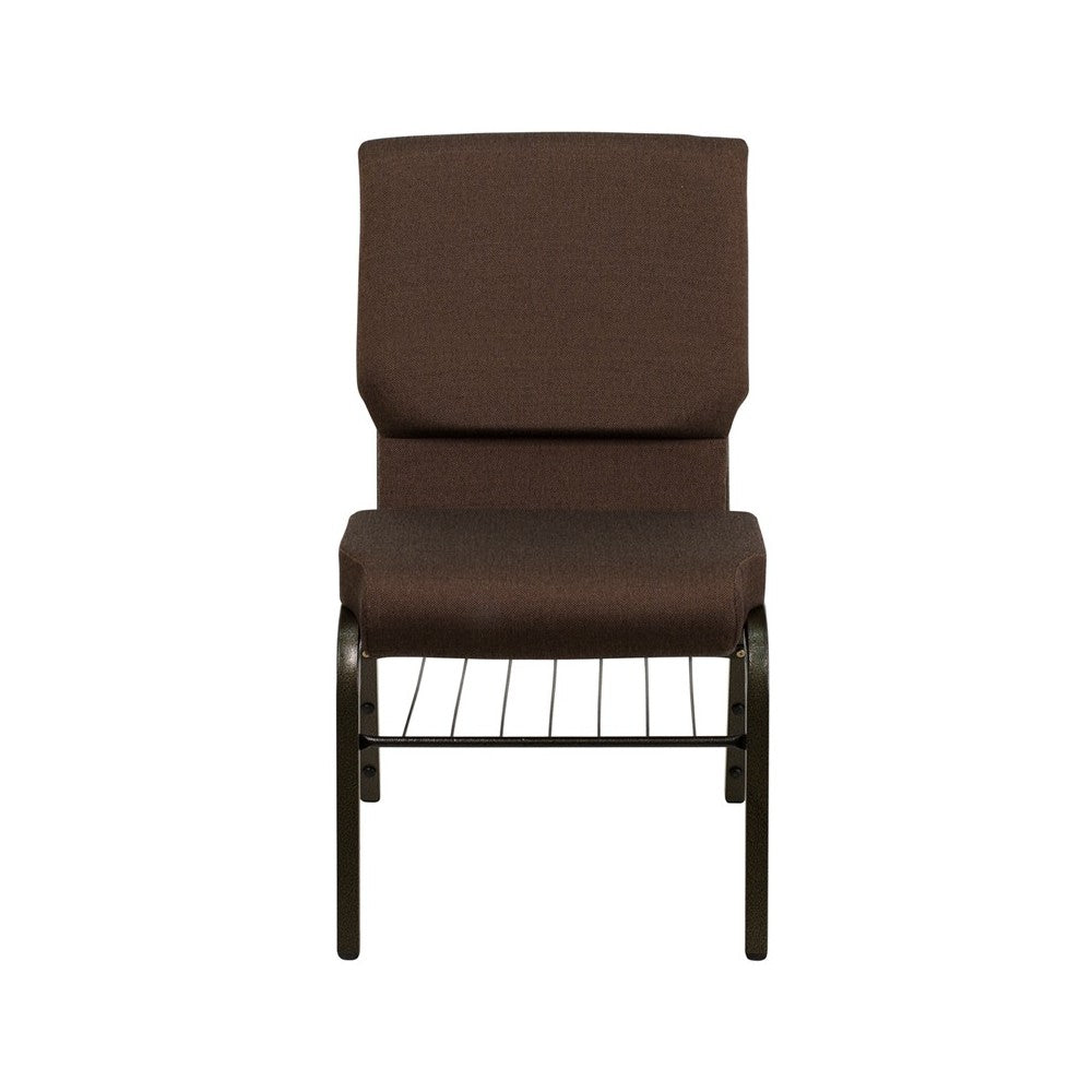 18.5''W Church Chair in Brown Fabric with Book Rack - Gold Vein Frame