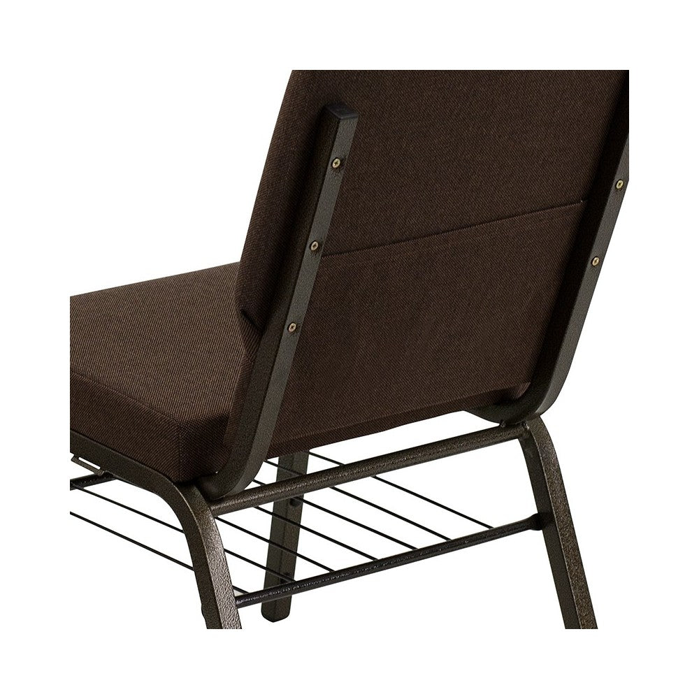 18.5''W Church Chair in Brown Fabric with Book Rack - Gold Vein Frame