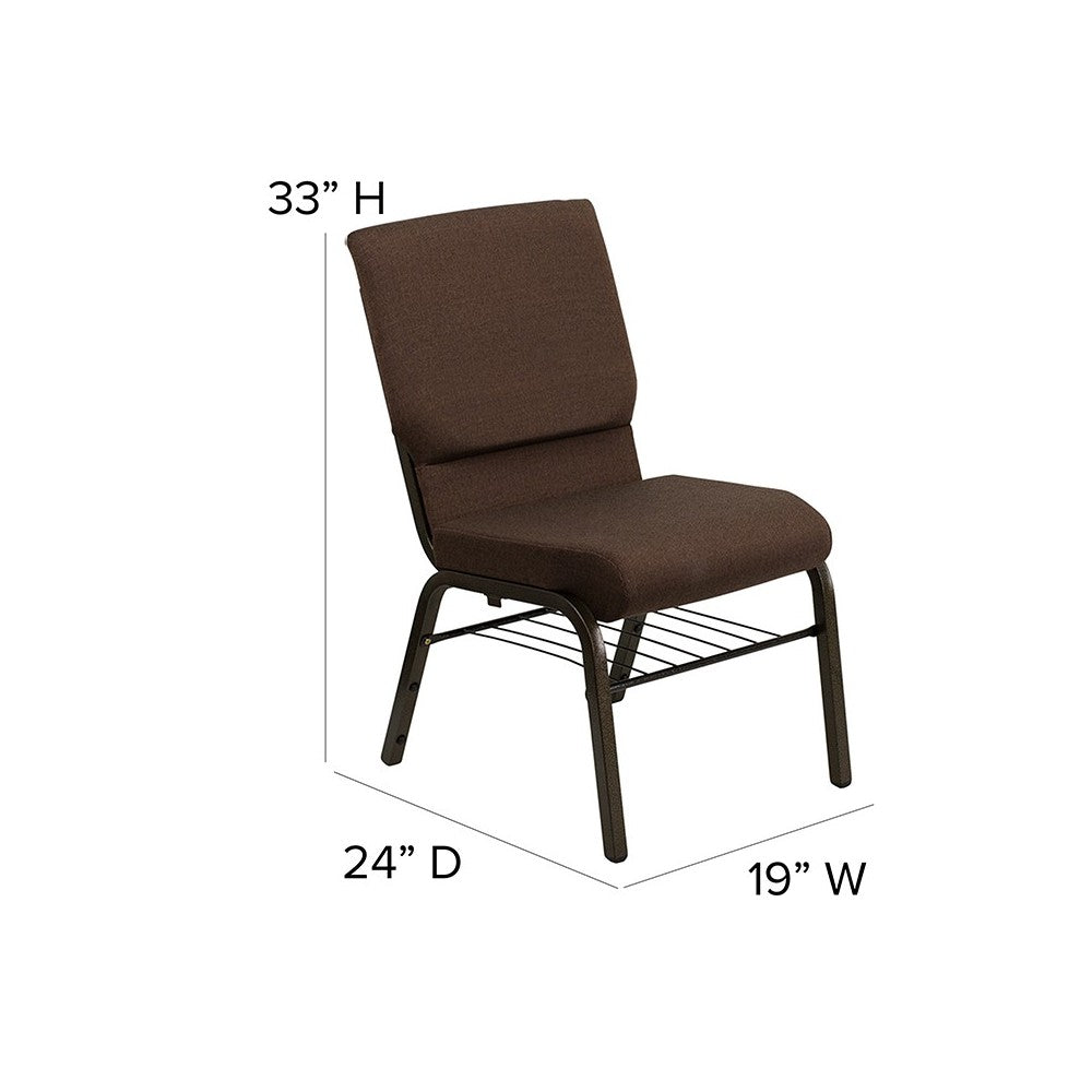 18.5''W Church Chair in Brown Fabric with Book Rack - Gold Vein Frame