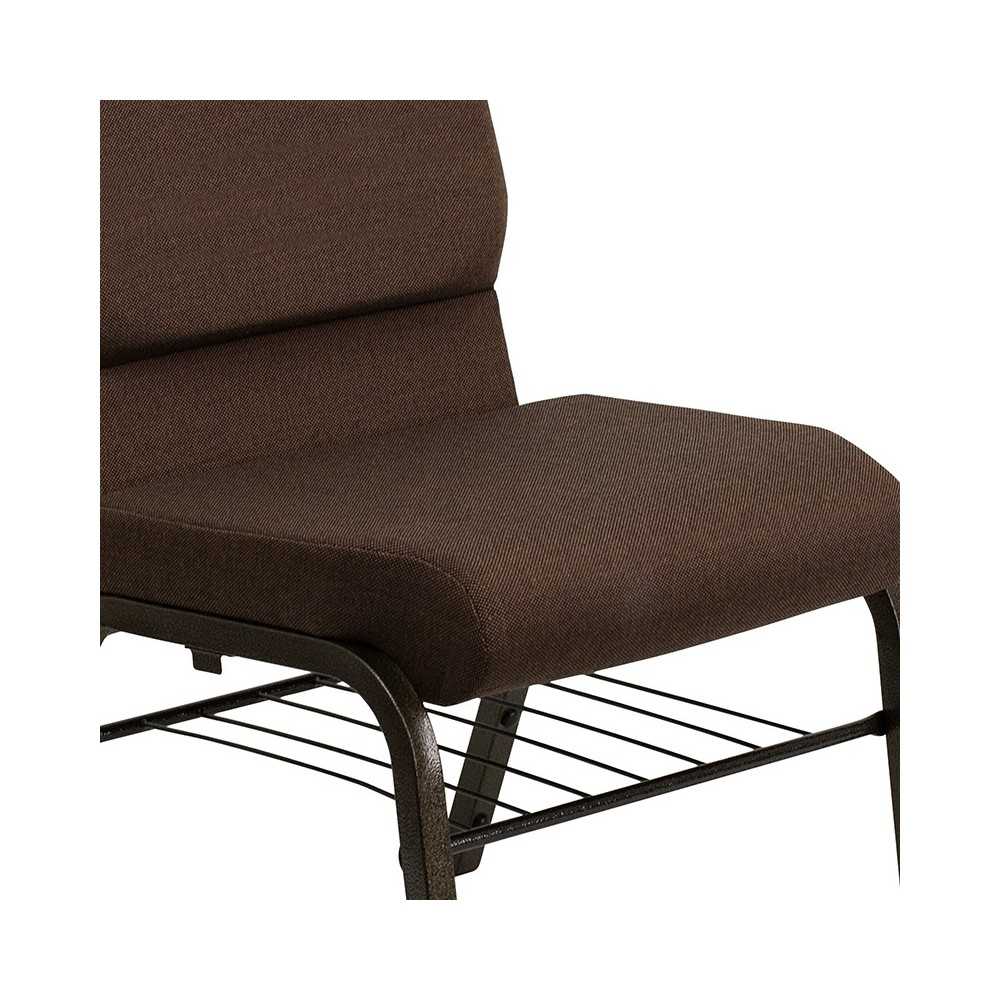 18.5''W Church Chair in Brown Fabric with Book Rack - Gold Vein Frame