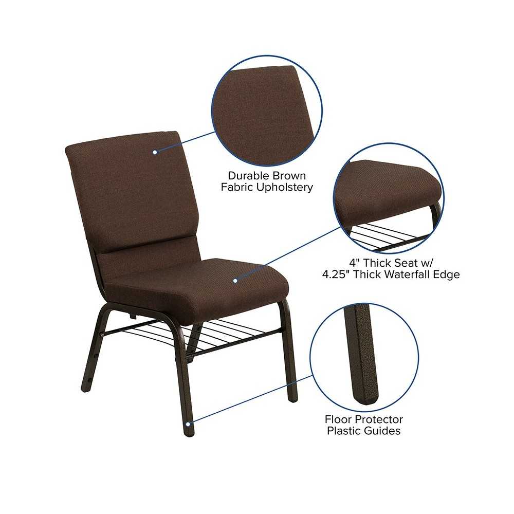 18.5''W Church Chair in Brown Fabric with Book Rack - Gold Vein Frame