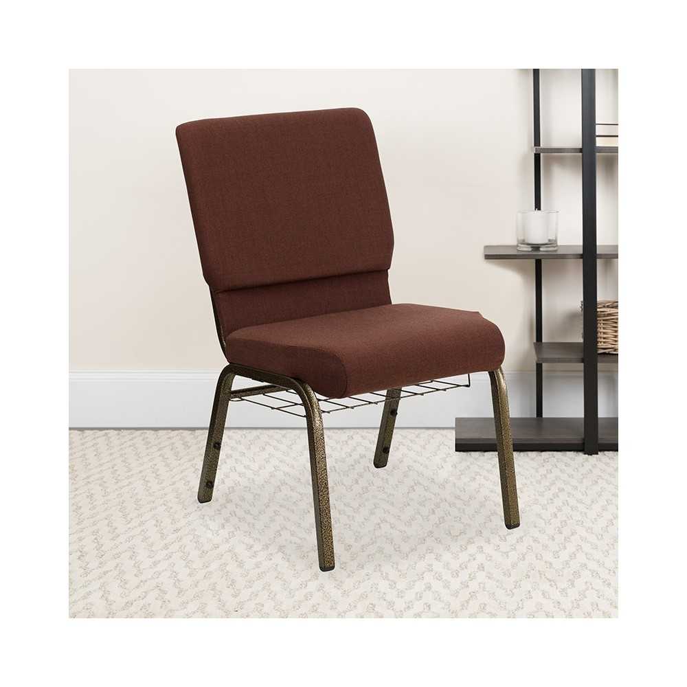 18.5''W Church Chair in Brown Fabric with Cup Book Rack - Gold Vein Frame
