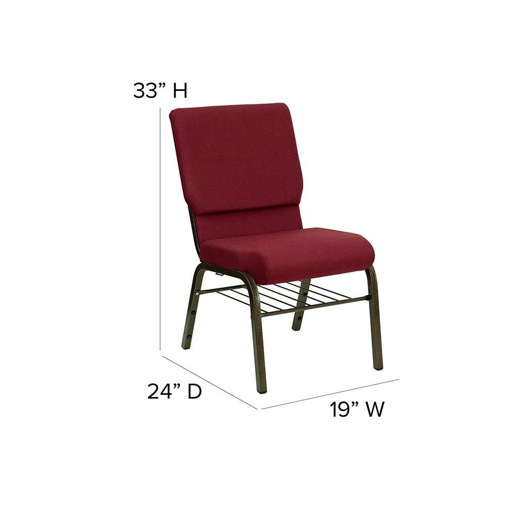 18.5''W Church Chair in Burgundy Fabric with Book Rack - Gold Vein Frame