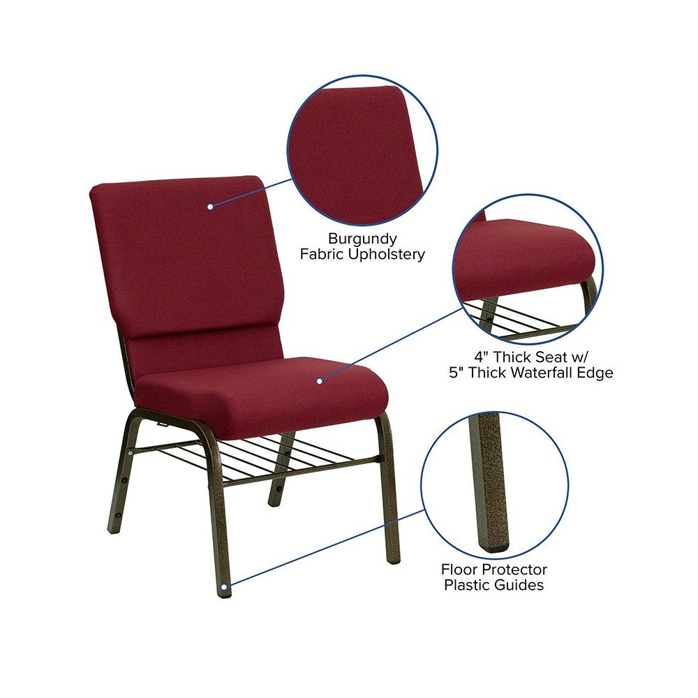 18.5''W Church Chair in Burgundy Fabric with Book Rack - Gold Vein Frame