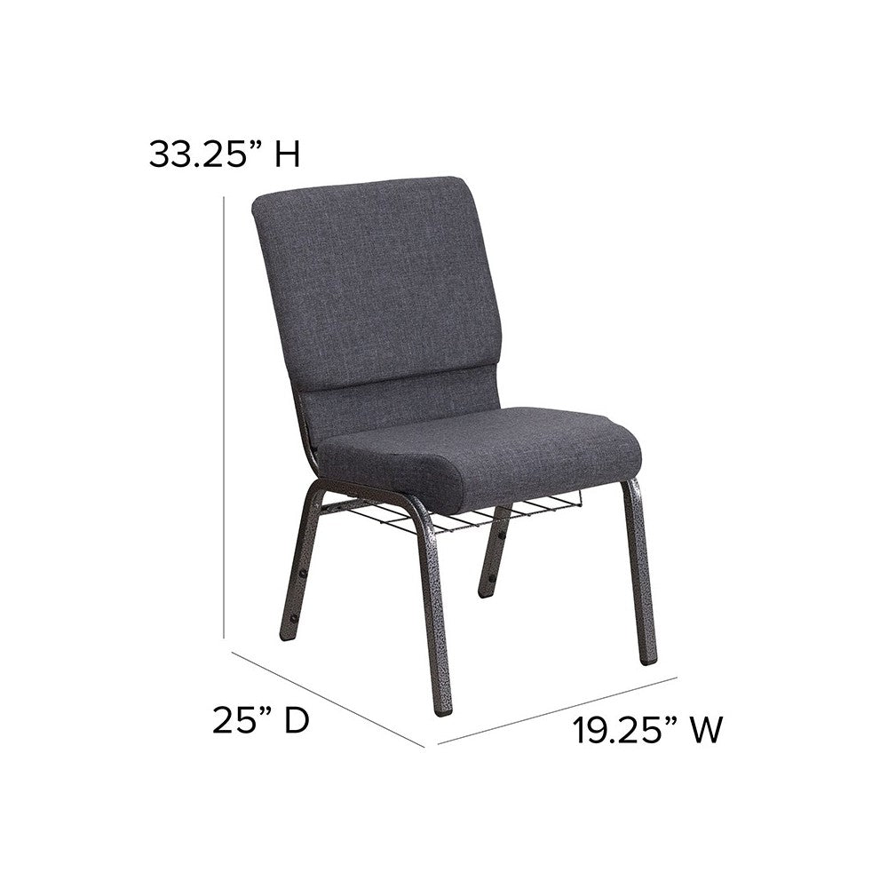 18.5''W Church Chair in Dark Gray Fabric with Book Rack - Silver Vein Frame