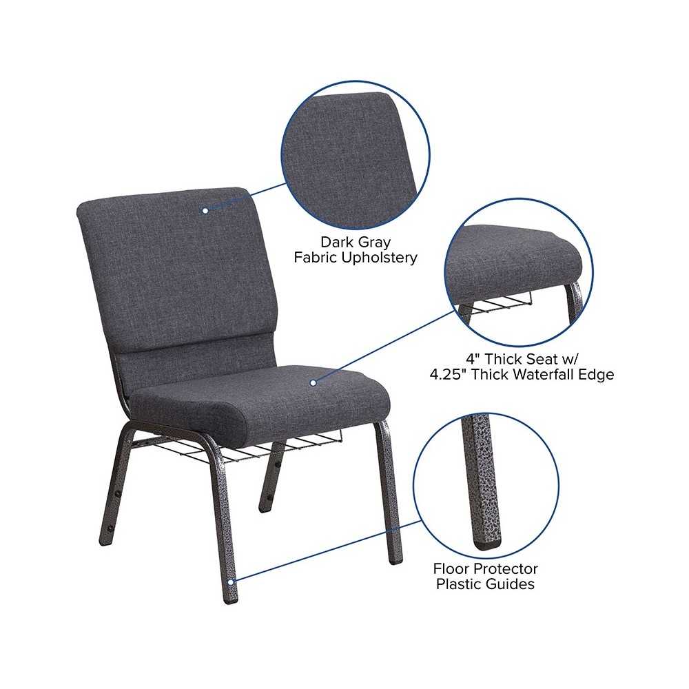 18.5''W Church Chair in Dark Gray Fabric with Book Rack - Silver Vein Frame
