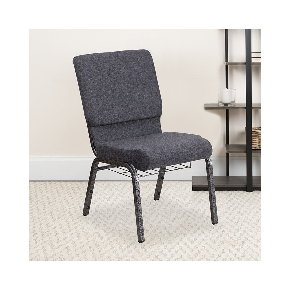 18.5''W Church Chair in Dark Gray Fabric with Book Rack - Silver Vein Frame